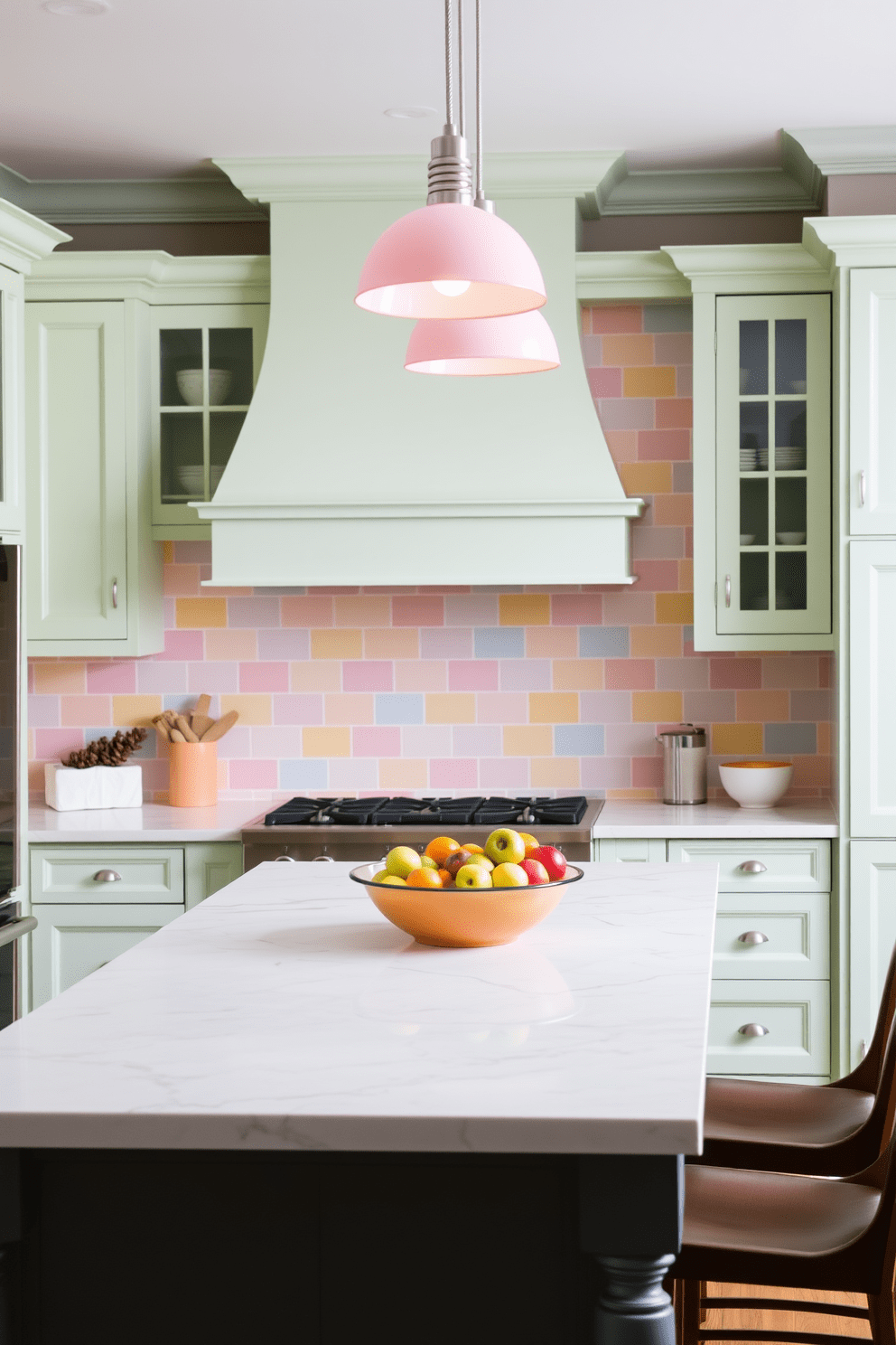 A colorful kitchen design featuring a pastel color palette creates a soft and inviting atmosphere. The cabinets are painted in light mint green, while the backsplash showcases a cheerful array of pastel tiles in pink, yellow, and blue. A large island with a white marble countertop serves as the centerpiece, adorned with fresh fruits in a vibrant bowl. Pendant lights with pastel shades hang above, illuminating the space with a warm glow.