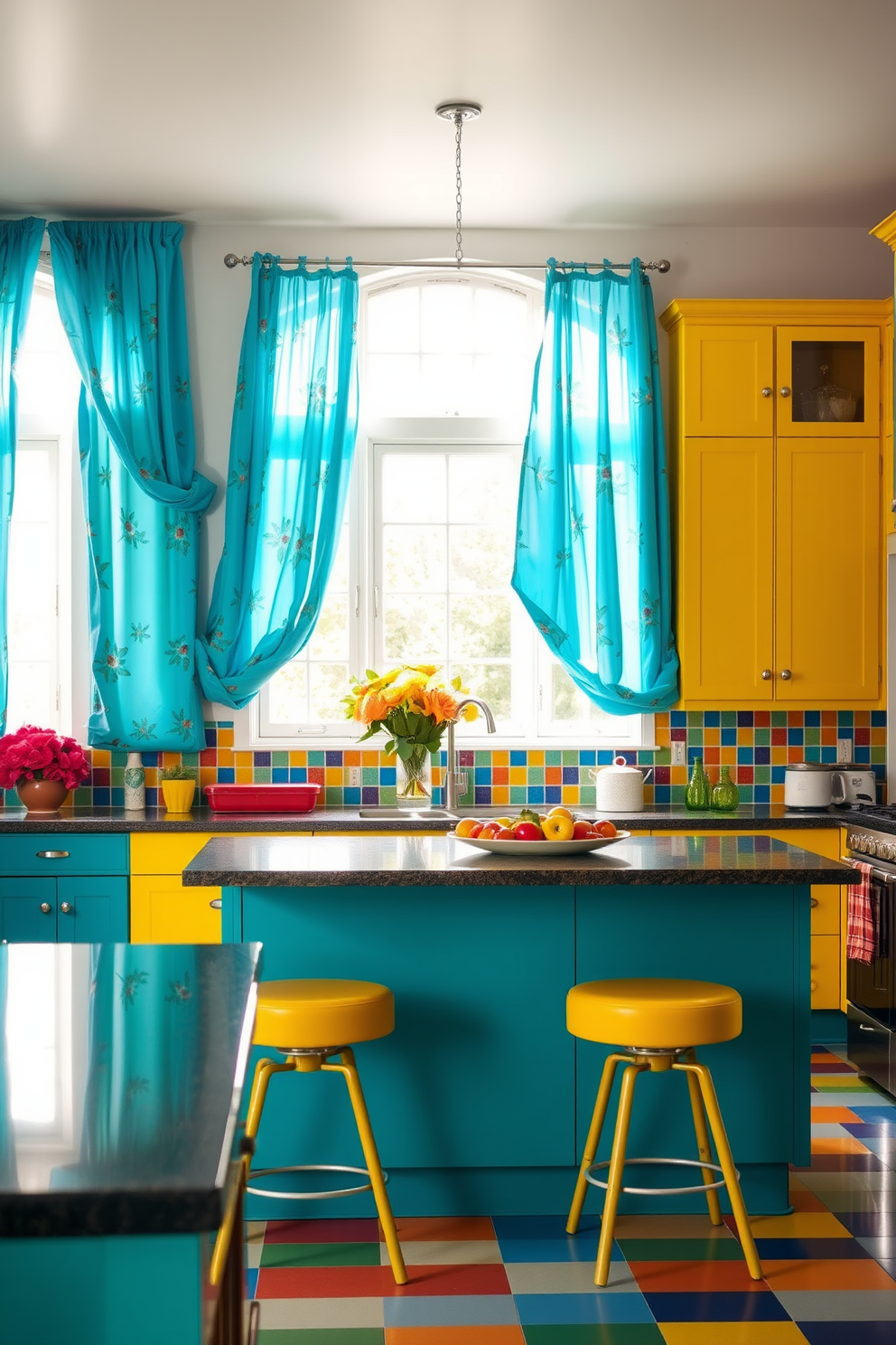 Bright blue curtains with floral patterns frame a sunlit window, enhancing the vibrant atmosphere of the room. The curtains billow gently, adding a touch of elegance and whimsy to the space. Colorful kitchen design ideas feature bold cabinetry in shades of yellow and teal, complemented by a playful backsplash of multicolored tiles. A large island in the center provides ample workspace and serves as a gathering spot, adorned with cheerful bar stools.