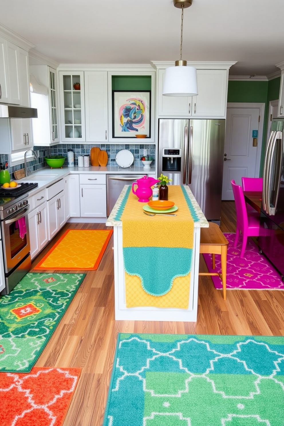 A vibrant kitchen featuring colorful rugs that define different cooking and dining areas. The rugs are patterned with geometric designs in bold hues, creating a lively contrast against the sleek cabinetry and stainless steel appliances. The kitchen island is adorned with a striking rug that complements the surrounding decor. Brightly colored accents in dishware and artwork enhance the cheerful atmosphere of this inviting space.