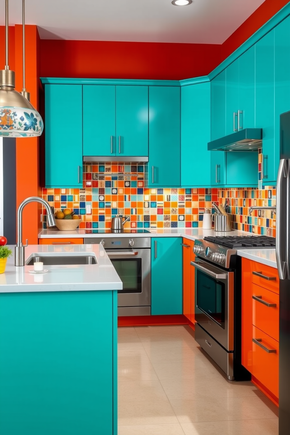 A vibrant kitchen featuring an orange and teal color block design. The cabinets are painted in a bold teal, while the island showcases a rich orange hue, creating a striking contrast. The backsplash is adorned with colorful tiles that incorporate both colors, adding visual interest. Sleek stainless steel appliances complement the lively palette, enhancing the modern aesthetic.