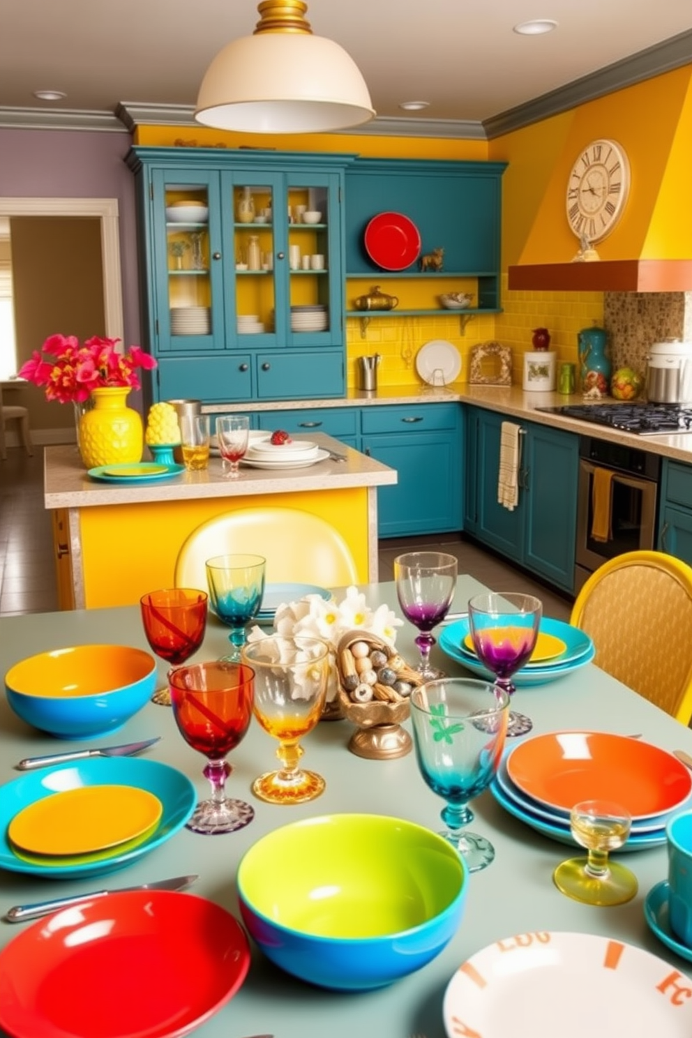 A vibrant dining area featuring an array of colorful tableware. The table is set with bright plates, mismatched glasses, and cheerful napkins, creating an inviting atmosphere. A lively kitchen design that incorporates bold colors and playful patterns. Cabinets in a rich teal hue contrast with a sunny yellow backsplash, while decorative accessories add a touch of whimsy.