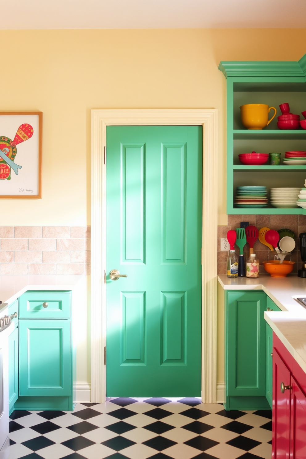 A brightly painted kitchen door serves as a vibrant focal point in the space. The surrounding kitchen features colorful cabinetry and playful accents that create an inviting atmosphere. The walls are adorned with cheerful artwork that complements the door's hue. Brightly colored utensils and dishware are displayed on open shelves to enhance the lively design.