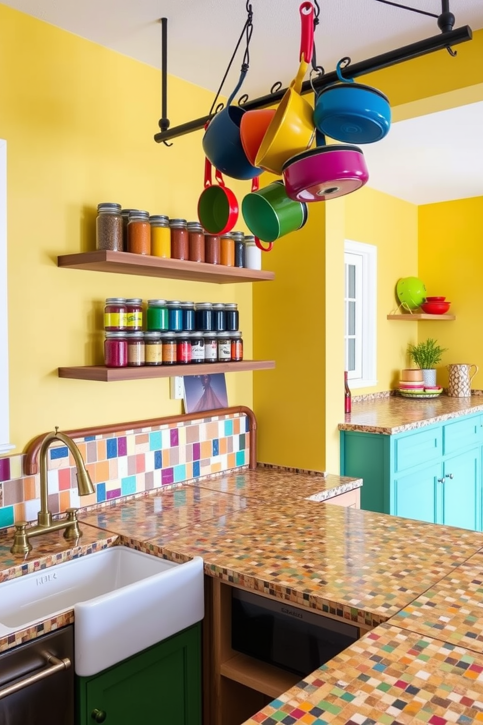 Colorful spice jars are arranged in an open kitchen on floating shelves made of reclaimed wood. The walls are painted in a cheerful yellow hue, and the countertops feature a vibrant mosaic tile design that complements the jars. The kitchen has a playful and inviting atmosphere, with a farmhouse sink and brass fixtures. Brightly colored cookware hangs from a pot rack above, adding to the overall lively aesthetic.