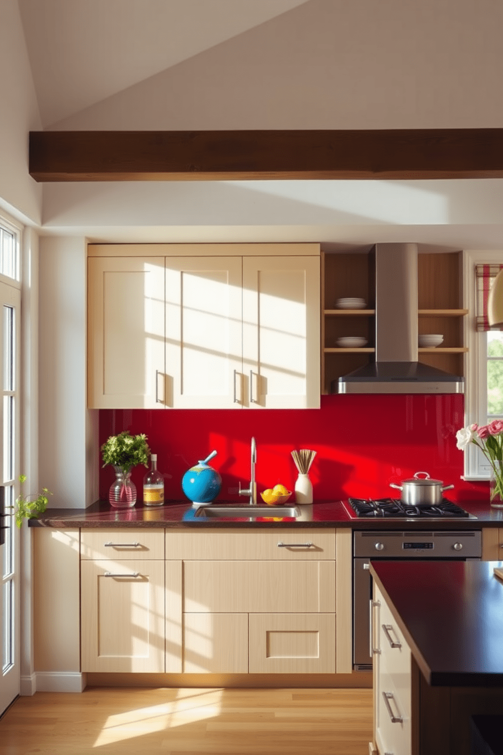 A vibrant kitchen featuring a bold red backsplash that contrasts beautifully with neutral cabinets. The space is filled with natural light, highlighting colorful accents throughout the room.