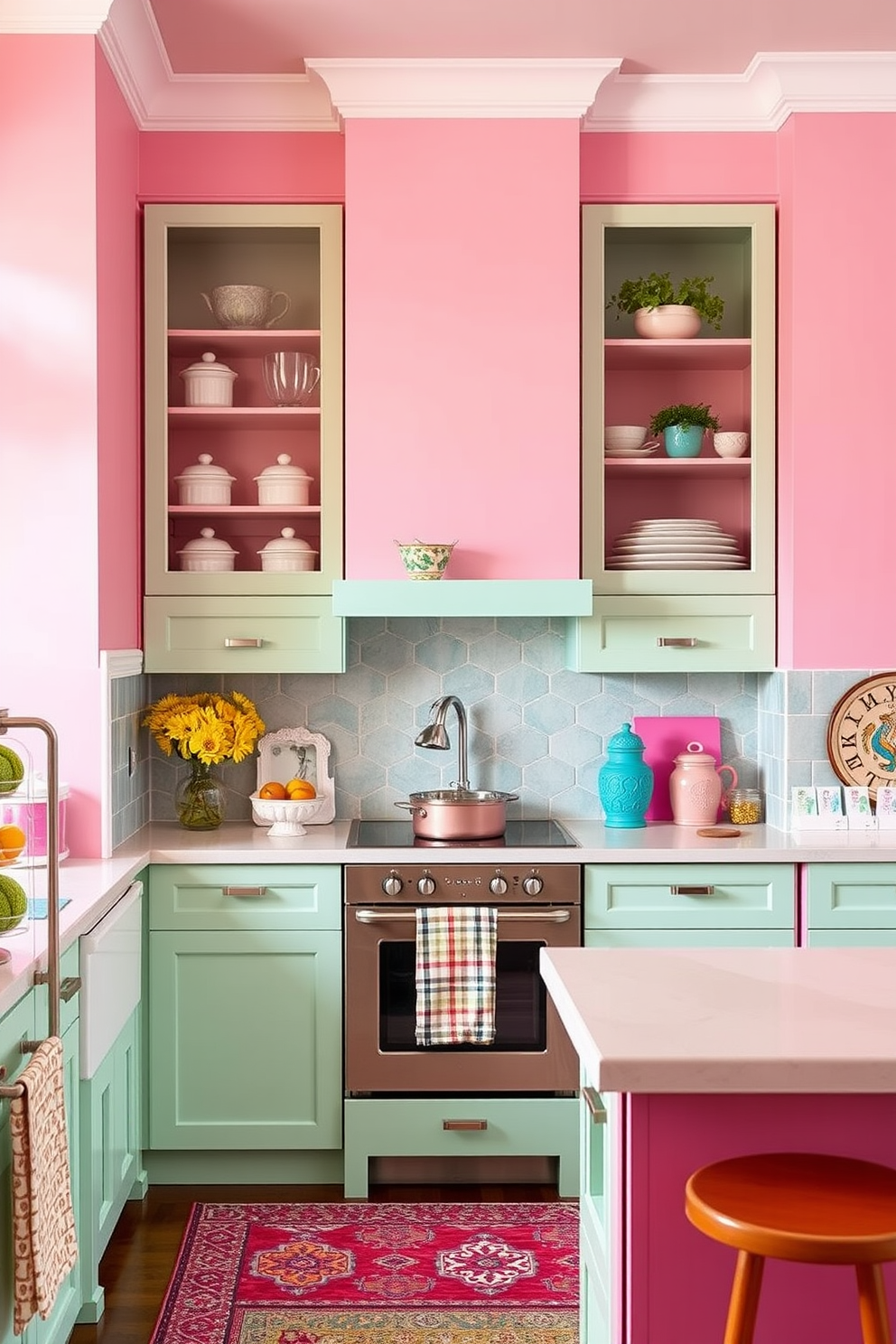 A vibrant kitchen featuring pastel pink walls that create a warm and inviting atmosphere. The cabinets are adorned with mint green accents, adding a refreshing contrast and playful touch to the space. The countertops are bright white, providing a clean and modern look. Colorful kitchen accessories and decor pieces are strategically placed to enhance the cheerful ambiance, making it a perfect gathering spot for family and friends.