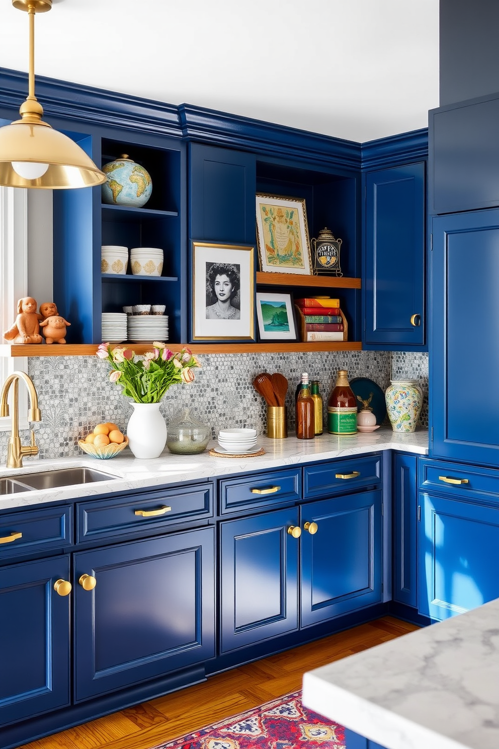 A vibrant kitchen featuring deep blue cabinetry accented with elegant brass hardware. The space is filled with natural light, highlighting the colorful decor and playful accessories throughout the room.