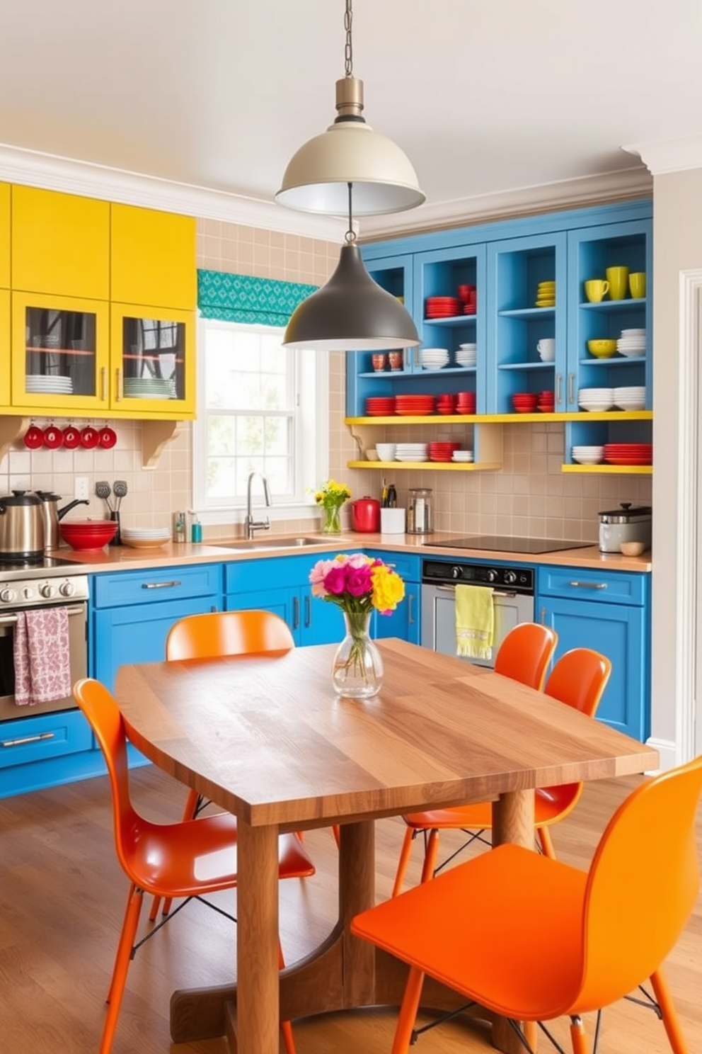 A vibrant kitchen filled with energy and creativity. The focal point is a wooden dining table surrounded by bright orange chairs that add a pop of color to the space. The kitchen features colorful cabinetry in shades of blue and yellow, creating a cheerful atmosphere. Open shelving displays an array of vibrant dishware, while a stylish pendant light hangs above the table, illuminating the area beautifully.