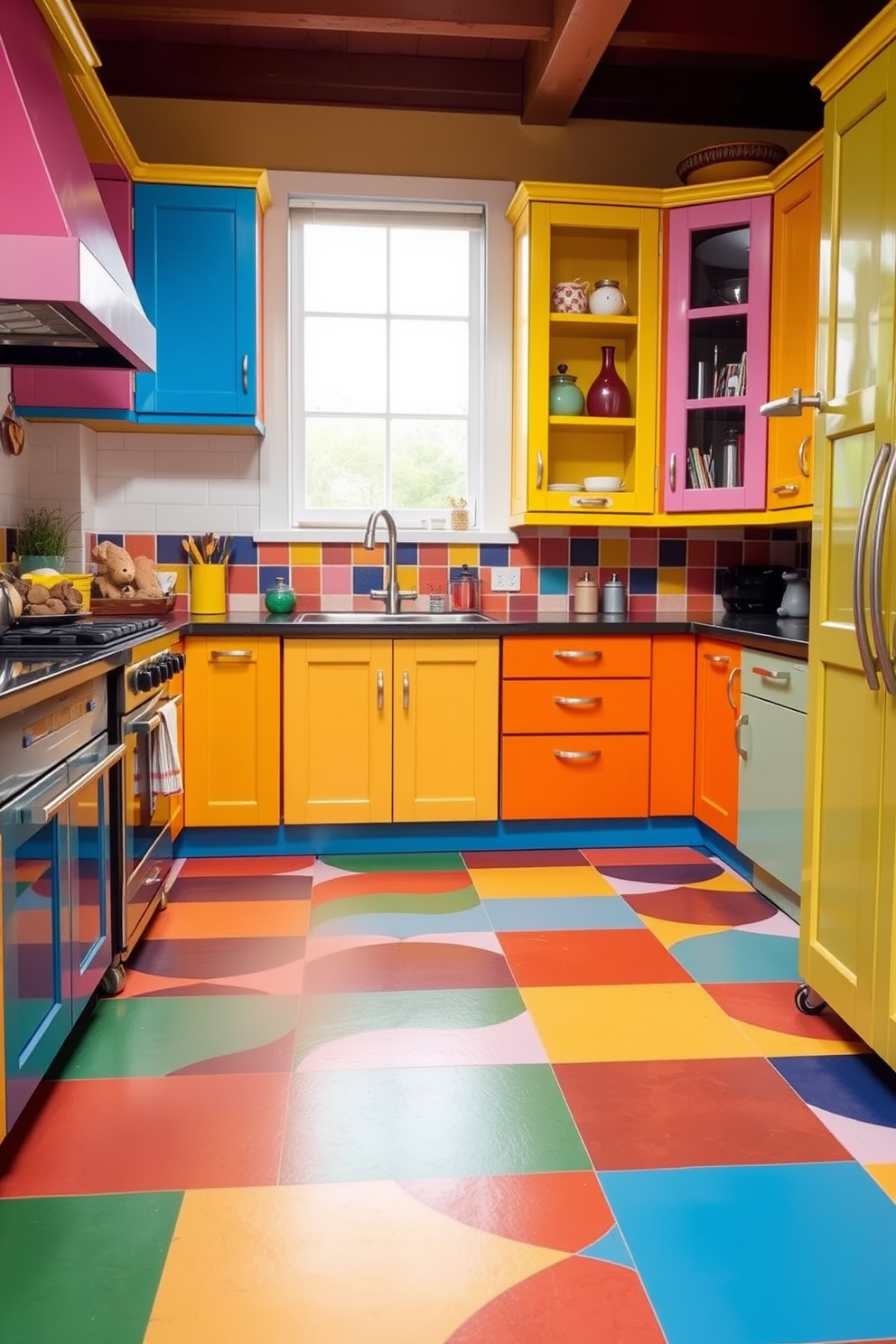 A playful kitchen setting with a multicolored tile floor creating a vibrant atmosphere. The cabinetry is bright and cheerful, featuring a mix of bold colors that complement the lively tile.