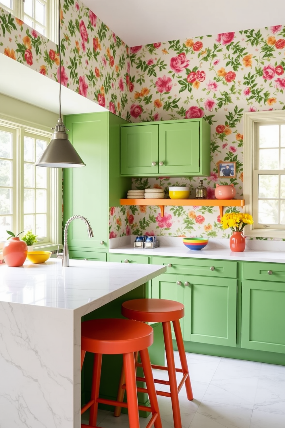 A vibrant kitchen featuring green cabinets that complement a lively floral wallpaper. The countertops are a sleek white marble, and colorful accessories add a playful touch to the overall design. The kitchen island is adorned with bar stools in bright colors, inviting casual dining. Natural light streams in through large windows, enhancing the cheerful atmosphere of the space.