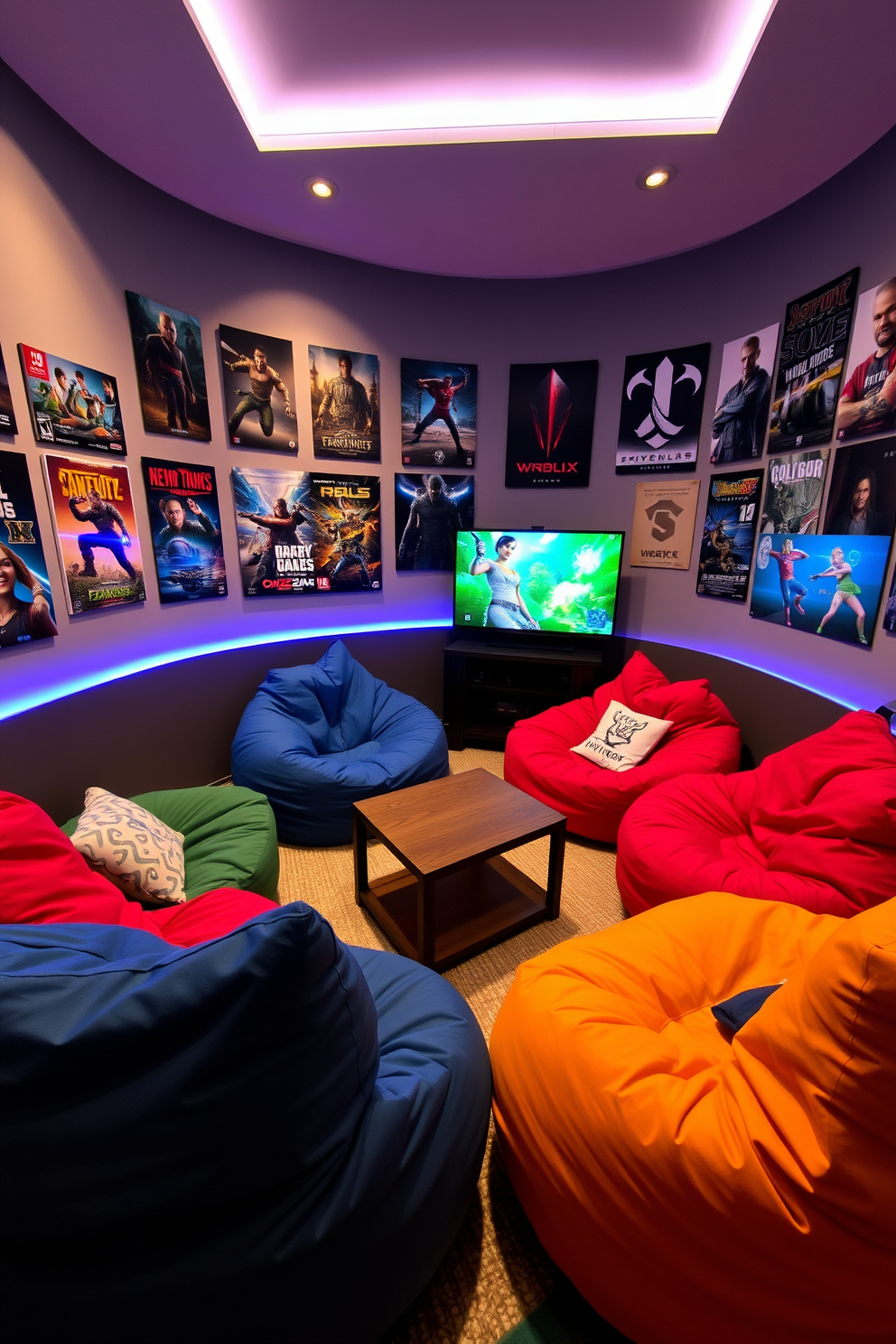 A cozy gaming nook featuring colorful bean bags arranged around a low coffee table. The walls are adorned with posters of popular video games, and soft LED lighting creates a warm atmosphere.