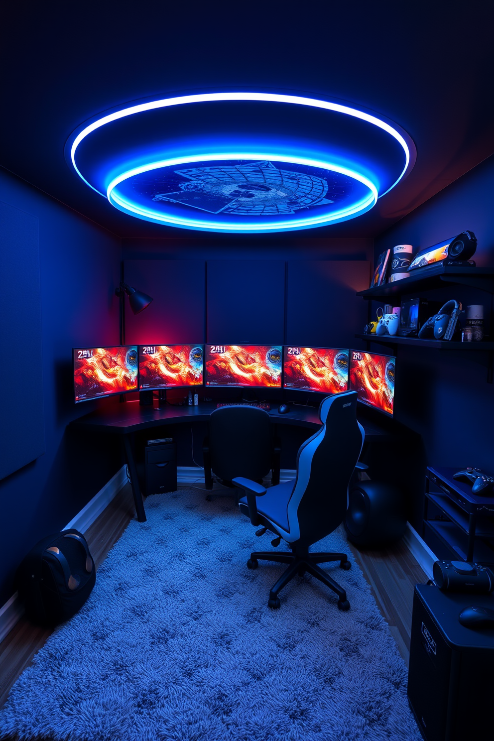 A multi-screen setup for an immersive play experience features three high-definition monitors arranged in a curved configuration. The room is equipped with a sleek gaming desk, ergonomic chair, and ambient LED lighting that enhances the gaming atmosphere. The walls are painted in a deep navy blue, creating a focused environment, while soundproof panels are installed to minimize distractions. A plush area rug adds comfort underfoot, and shelves display gaming memorabilia and accessories for a personalized touch.