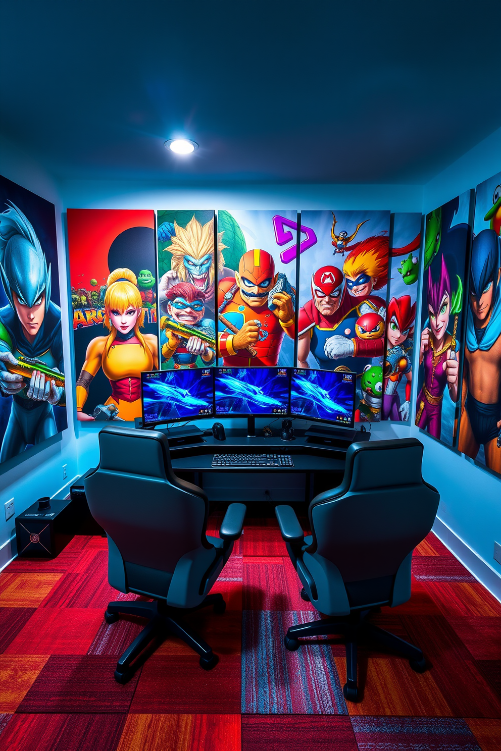 A vibrant computer game room filled with energy and creativity. The walls are adorned with large canvas prints of iconic game characters, showcasing a mix of styles and colors that inspire nostalgia and excitement. In the center of the room, a sleek gaming desk holds multiple monitors and a high-performance gaming setup. Comfortable gaming chairs are positioned around the desk, inviting friends to join in on the fun.