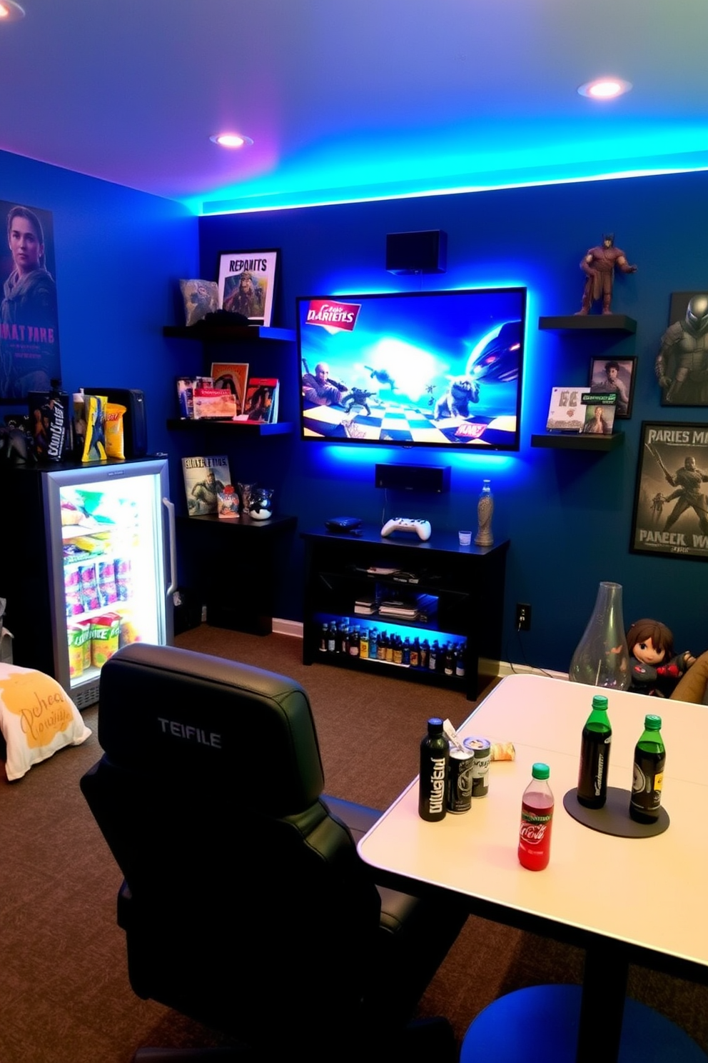 A cozy game room featuring a mini fridge stocked with an assortment of snacks and drinks. The walls are painted a deep blue, and there are comfortable gaming chairs positioned around a sleek gaming table. The room is equipped with a large flat-screen TV mounted on the wall, surrounded by ambient LED lighting. Shelves filled with video game collectibles and posters add a personal touch to the space.