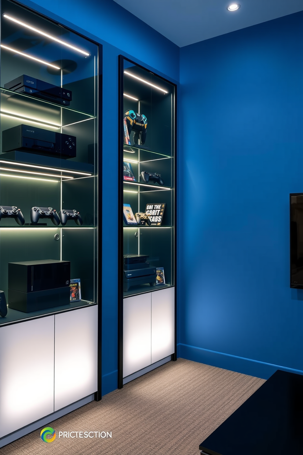 A modern gaming room featuring a sleek gaming console display housed within elegant glass cabinets. The walls are painted in a deep blue hue, and LED strip lights illuminate the shelves showcasing games and collectibles.