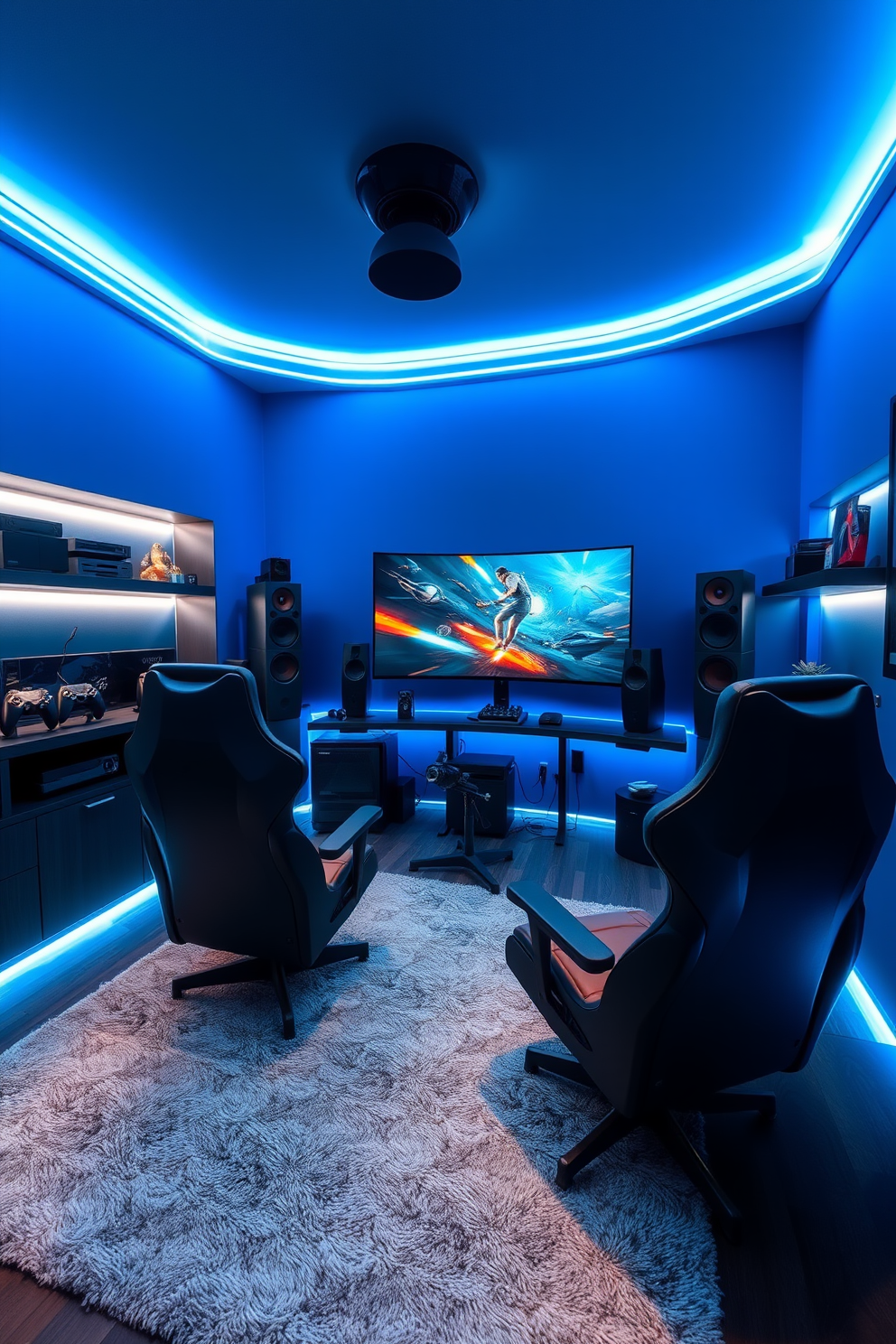 A modern computer game room featuring a high-end sound system for an immersive audio experience. The room is equipped with comfortable gaming chairs and a large curved monitor, creating an inviting atmosphere for gamers. The walls are painted in a deep blue hue, complemented by LED strip lighting that enhances the gaming vibe. Shelves display gaming consoles and collectibles, while a plush rug adds warmth to the space.