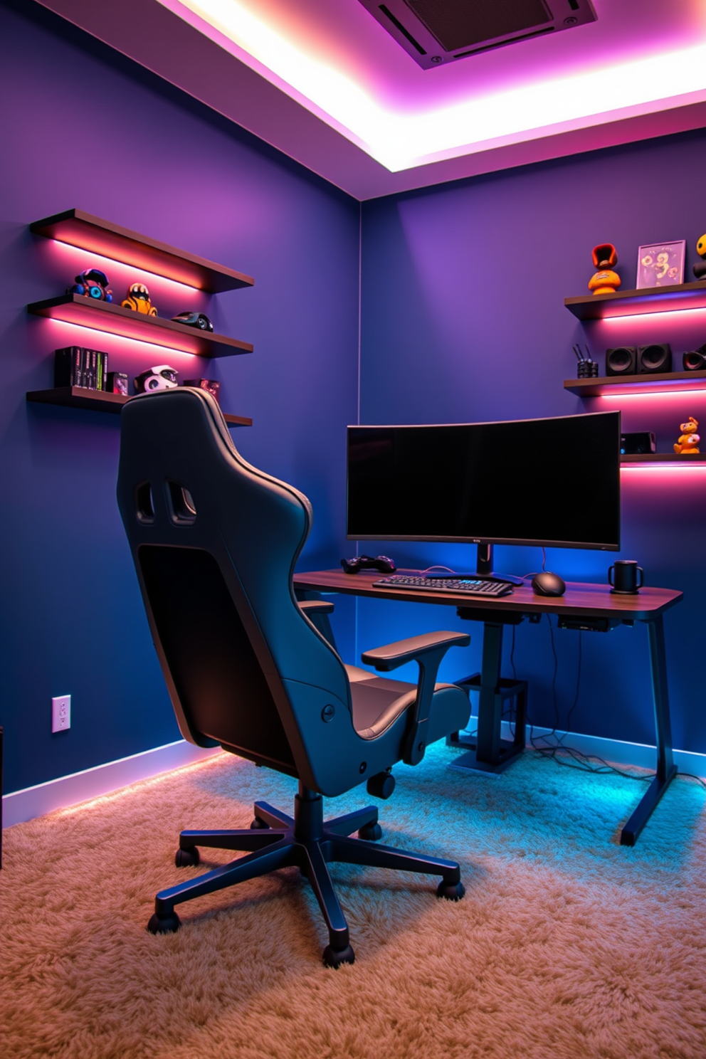 A modern gaming room featuring a sleek ergonomic gaming chair designed for maximum comfort and support. The walls are painted in a deep blue hue, and ambient LED lights create a vibrant atmosphere. In front of the chair, a large curved monitor is mounted on a stylish desk with cable management solutions. Plush carpeting underfoot adds warmth, while wall shelves display collectibles and gaming gear.