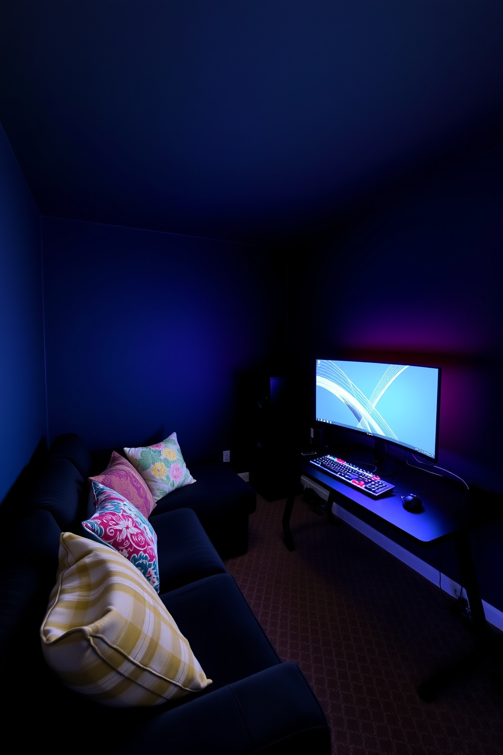 A cozy computer game room featuring a dark color palette. The walls are painted in deep navy blue, and the ceiling is a rich charcoal gray, creating an immersive atmosphere. The room includes a plush black sectional sofa with colorful throw pillows for comfort. A sleek gaming desk in matte black holds a high-end gaming monitor and keyboard, illuminated by soft LED strip lights.