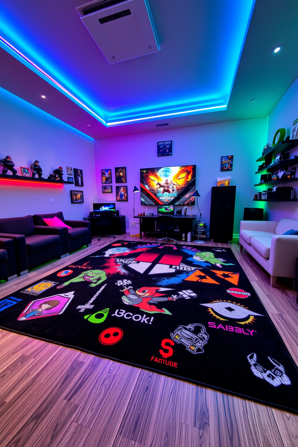 A vibrant gaming room featuring a large gaming-themed rug that showcases iconic characters and symbols from popular video games. The room is designed with comfortable seating, ambient LED lighting, and wall-mounted shelves displaying game collectibles and artwork.