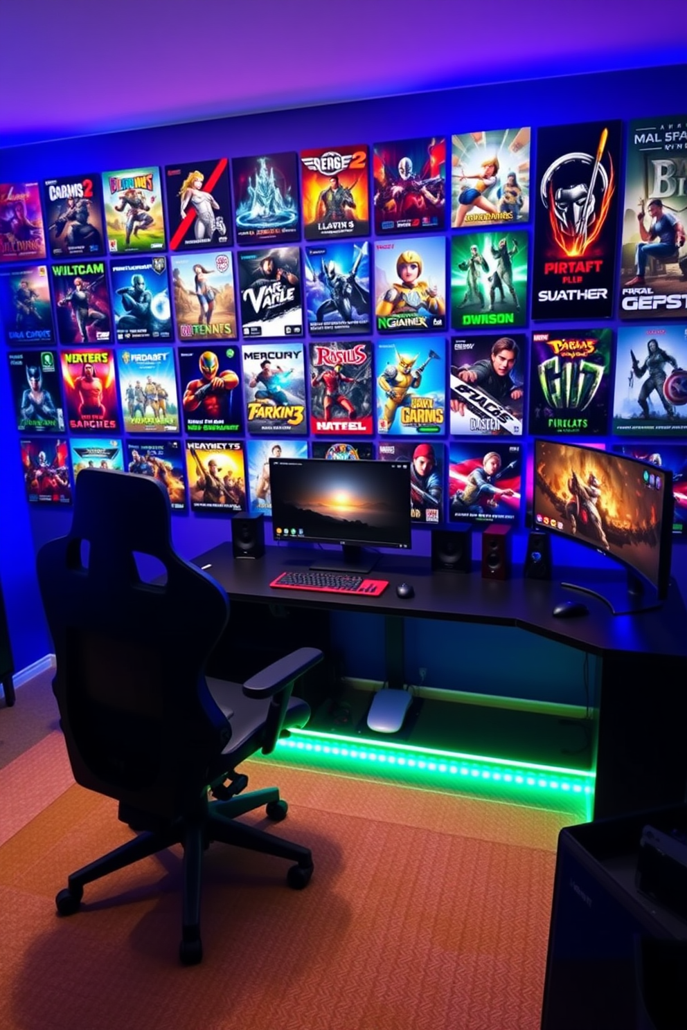 A vibrant computer game room featuring an interactive wall adorned with an array of colorful game posters. The room includes a sleek gaming desk with a high-end gaming chair, ambient LED lighting, and a large monitor setup for an immersive experience.