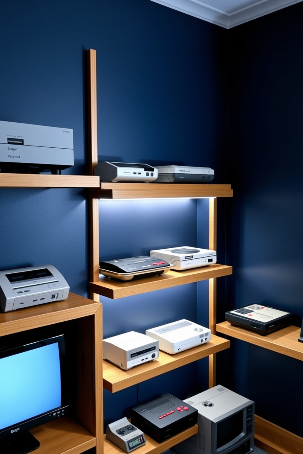 A stylish computer game room featuring vintage game consoles displayed on sleek wooden shelves. The walls are painted in a deep navy blue, creating a cozy atmosphere, while soft LED strip lights illuminate the shelves showcasing the consoles.