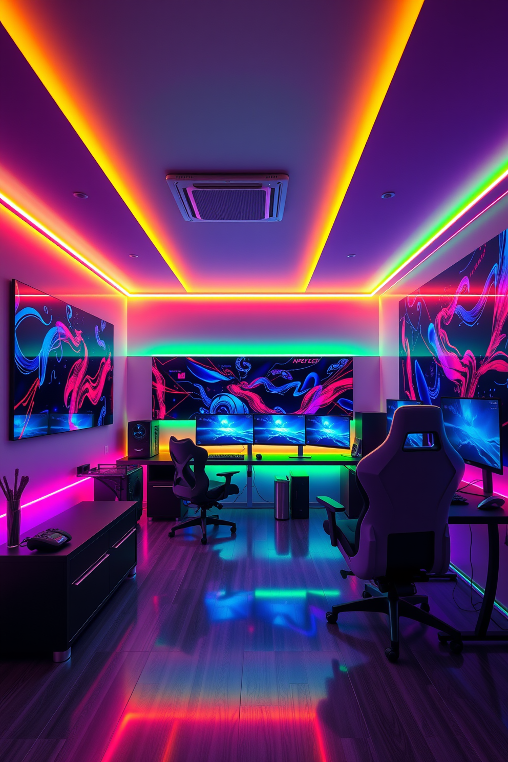 A sleek computer game room featuring futuristic neon light accents that illuminate the space in vibrant colors. The walls are adorned with dynamic digital art, while a large gaming desk holds multiple monitors and ergonomic chairs designed for comfort.