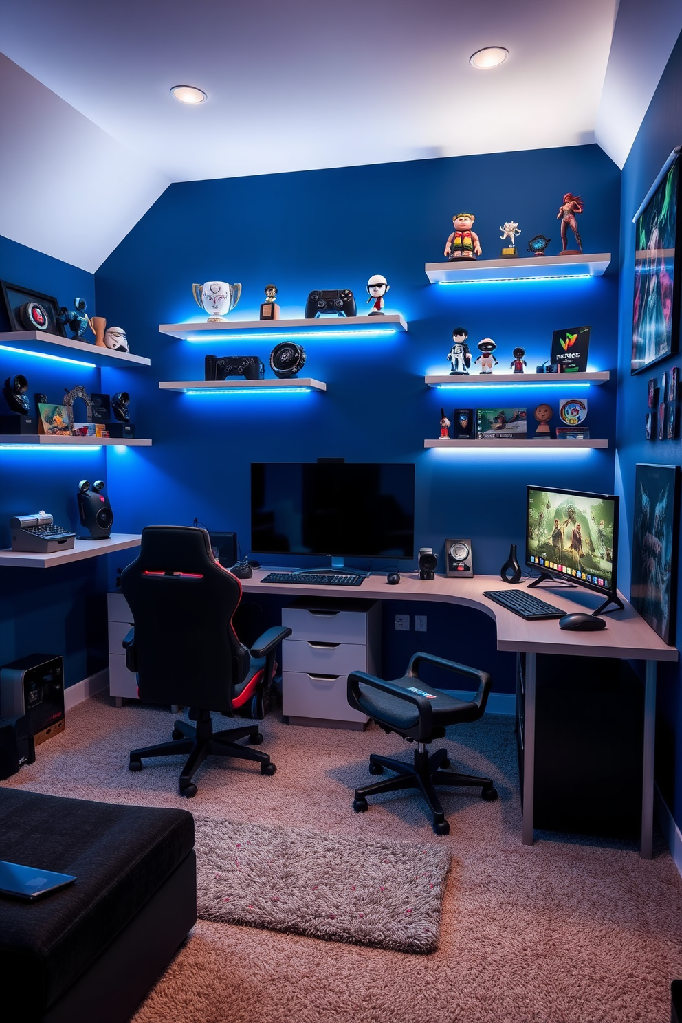 A modern computer game room features sleek floating shelves displaying an array of collectibles and trophies. The walls are painted in a deep blue hue, creating an immersive atmosphere, while LED strip lighting highlights the shelves and adds a dynamic touch. The room includes a comfortable gaming chair positioned in front of a large screen, with a stylish desk equipped for gaming setups. Plush carpeting underfoot enhances comfort, and posters of favorite games adorn the walls, completing the vibrant design.