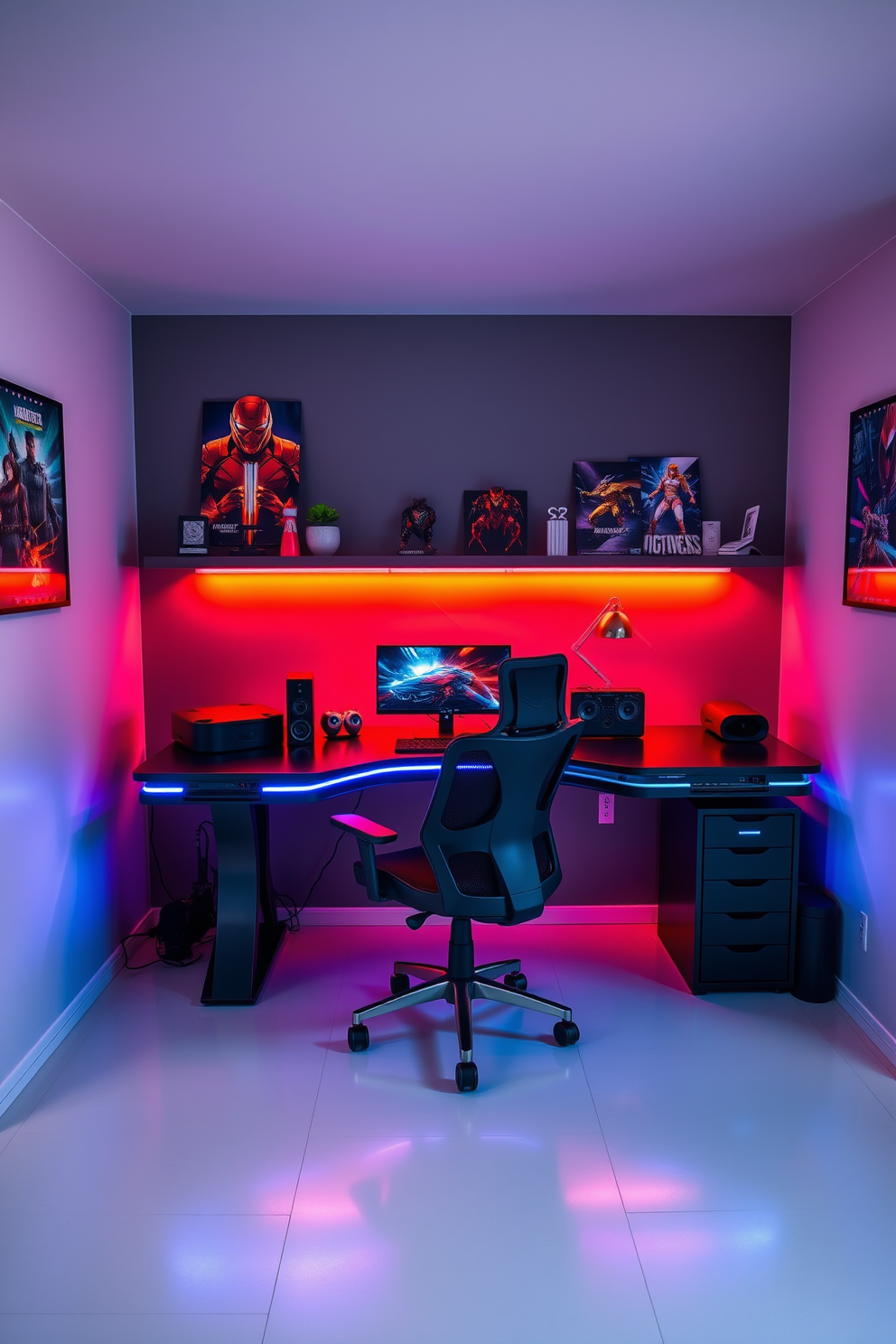 A modern gaming laptop station is positioned in a sleek, minimalistic room. The desk features built-in charging docks and ambient LED lighting that enhances the high-tech atmosphere. The walls are adorned with vibrant gaming posters and shelves displaying collectibles. A comfortable gaming chair is placed in front of the desk, ensuring an ergonomic setup for long gaming sessions.