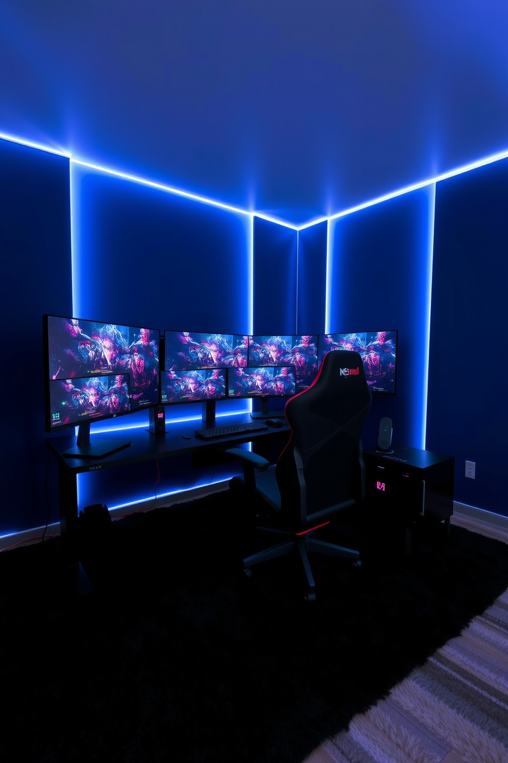 A modern computer game room designed for immersive gaming experiences. The walls are painted in a deep blue color, with LED strip lights illuminating the edges for a dynamic atmosphere. A large, ergonomic gaming chair sits in front of a sleek black desk, equipped with multiple monitors displaying vibrant game graphics. The floor is covered with a plush, dark carpet to enhance comfort during long gaming sessions.