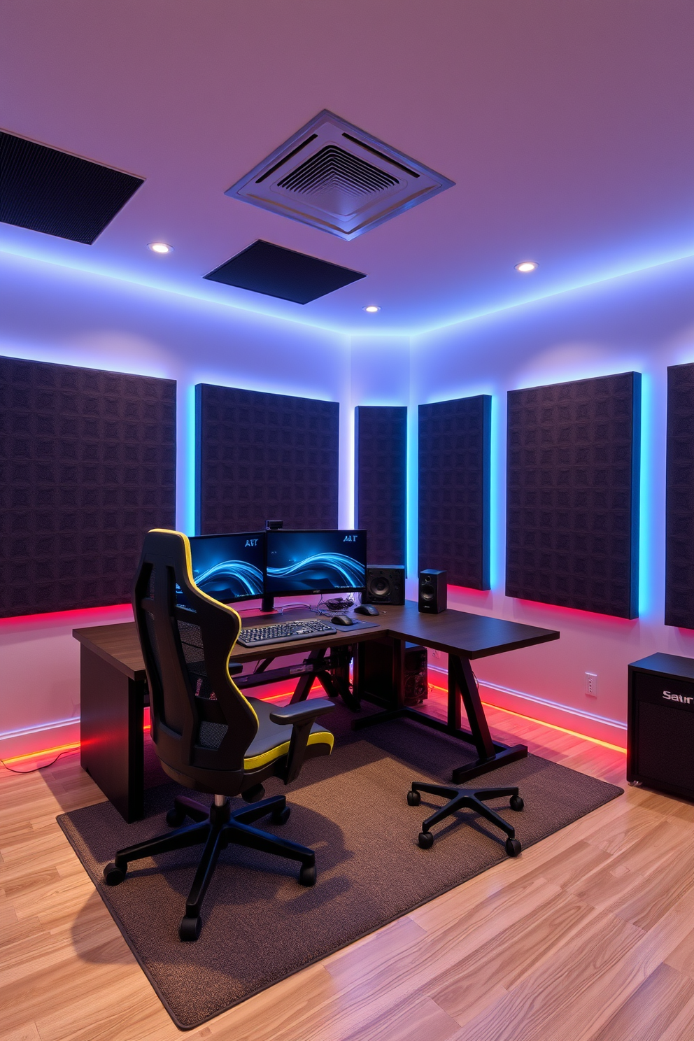 A modern computer game room designed for optimal sound quality features stylish acoustic panels on the walls that enhance audio clarity. The room is equipped with a large gaming desk, a comfortable ergonomic chair, and ambient LED lighting that creates an immersive atmosphere.