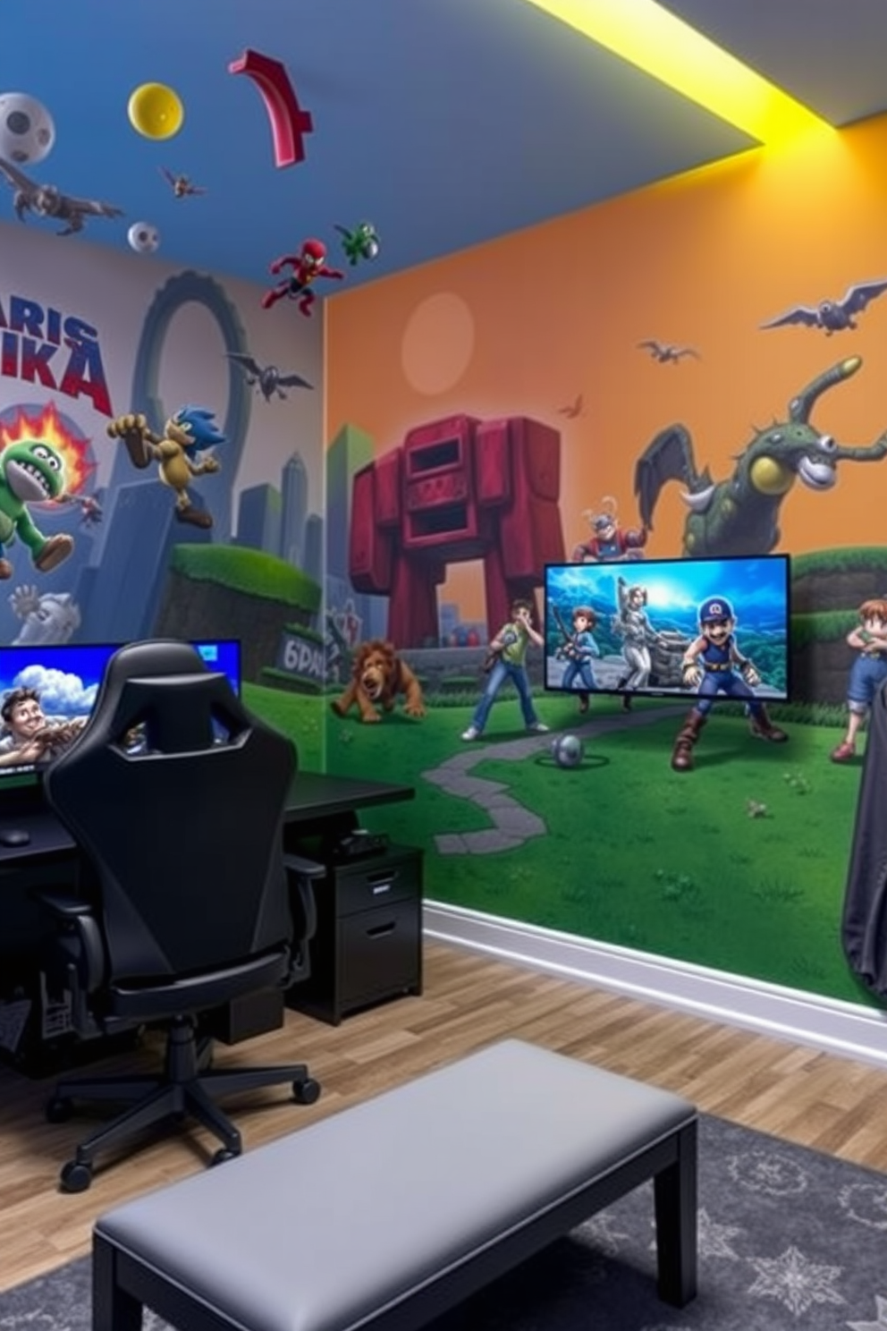 A custom mural featuring iconic scenes from beloved video games adorns the wall, creating an immersive atmosphere. The room is designed with sleek gaming furniture, including a comfortable gaming chair and a spacious desk equipped with high-end gaming monitors.