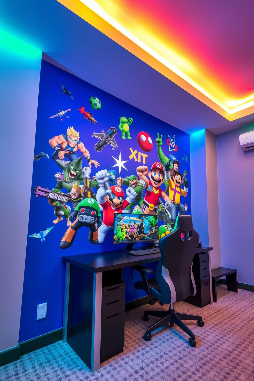 A vibrant gaming-themed accent wall features large, colorful decals of popular video game characters and icons. The wall is painted in a deep blue shade to create an immersive atmosphere, while the surrounding walls are a lighter gray to balance the design. The room is furnished with a sleek gaming desk and an ergonomic chair that complements the theme. Ambient LED lighting strips are installed along the edges of the ceiling, providing a dynamic glow that enhances the gaming experience.