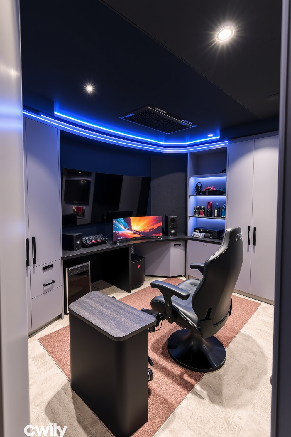 A modern computer game room designed for ultimate convenience and entertainment. The space includes integrated smart home features such as automated lighting and climate control, creating an immersive gaming environment. The room is equipped with a large curved screen and a high-end gaming setup, complete with ergonomic chairs and soundproofing. Sleek storage solutions are incorporated to keep gaming accessories organized, while LED strip lighting adds a dynamic visual element.