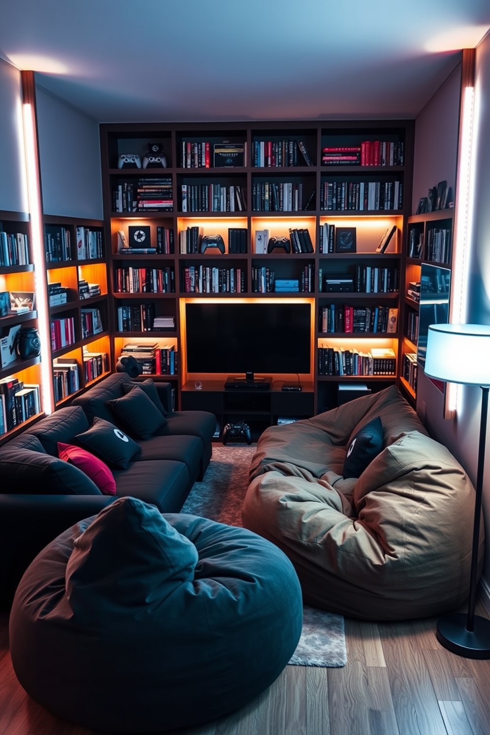 A cozy gaming library corner featuring plush seating options like a large sectional sofa and oversized bean bags. The walls are lined with shelves filled with books and video game memorabilia, creating a warm and inviting atmosphere. Soft ambient lighting illuminates the space, with LED strips highlighting the shelves and a stylish floor lamp providing additional light. A large flat-screen TV is mounted on one wall, accompanied by a sleek gaming console and an assortment of controllers neatly organized nearby.