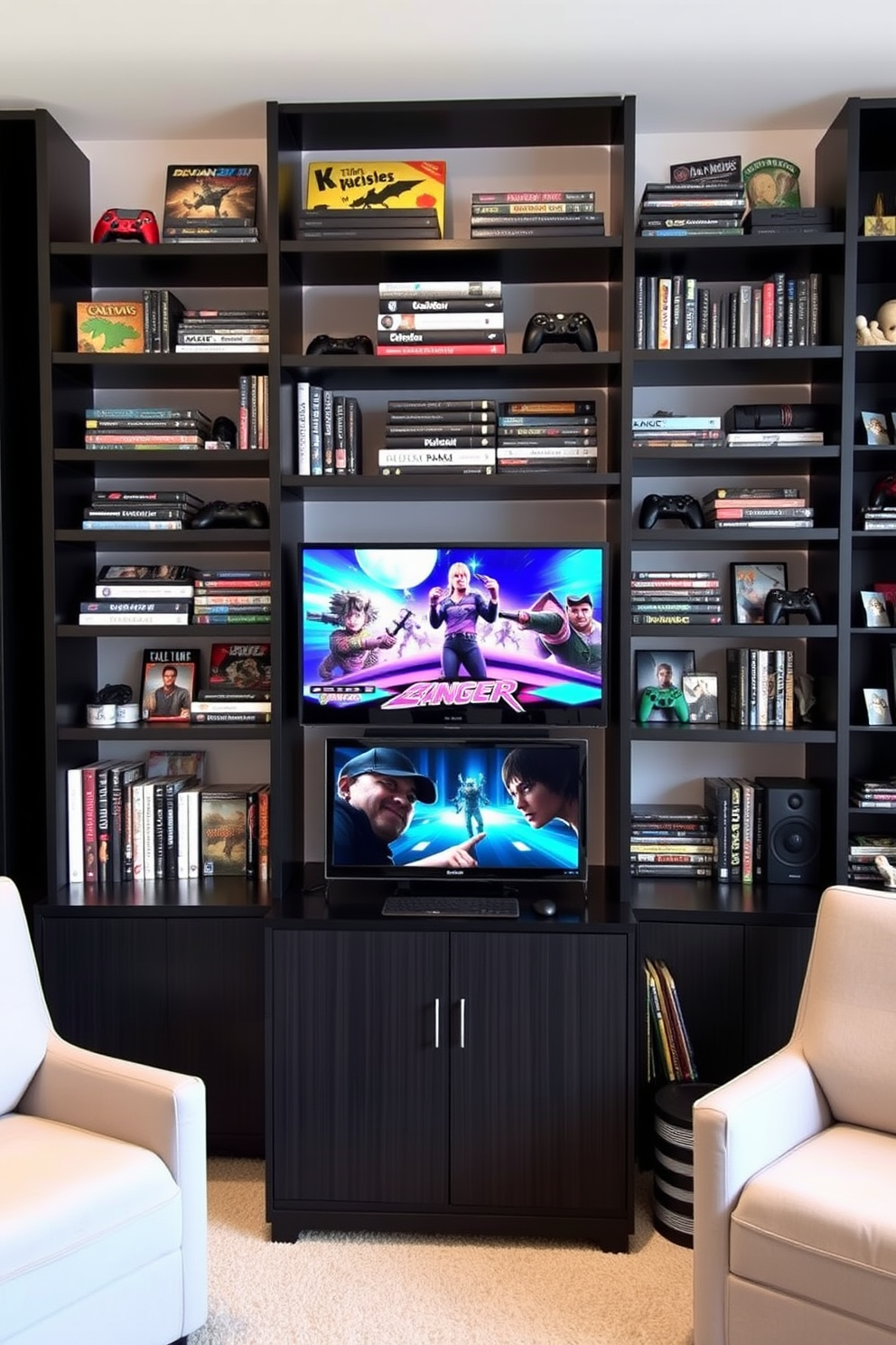 A modern game room featuring wall-mounted shelves designed for game storage. The shelves are made of sleek black wood, displaying an organized collection of video games and collectibles.