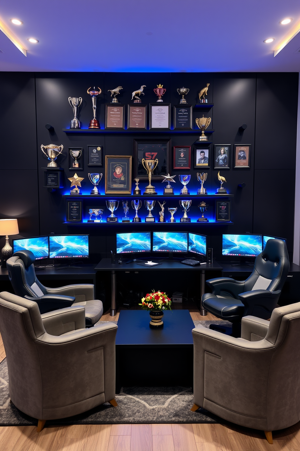 A personalized gaming trophies and awards display is set against a sleek dark wall, showcasing an array of custom trophies and framed accolades. The display features LED backlighting to highlight each piece, creating a vibrant focal point in the room. The computer game room is designed with a modern aesthetic, featuring a large gaming desk with multiple monitors and ergonomic seating. Plush gaming chairs are arranged around a low coffee table, providing a comfortable space for both gaming and socializing.