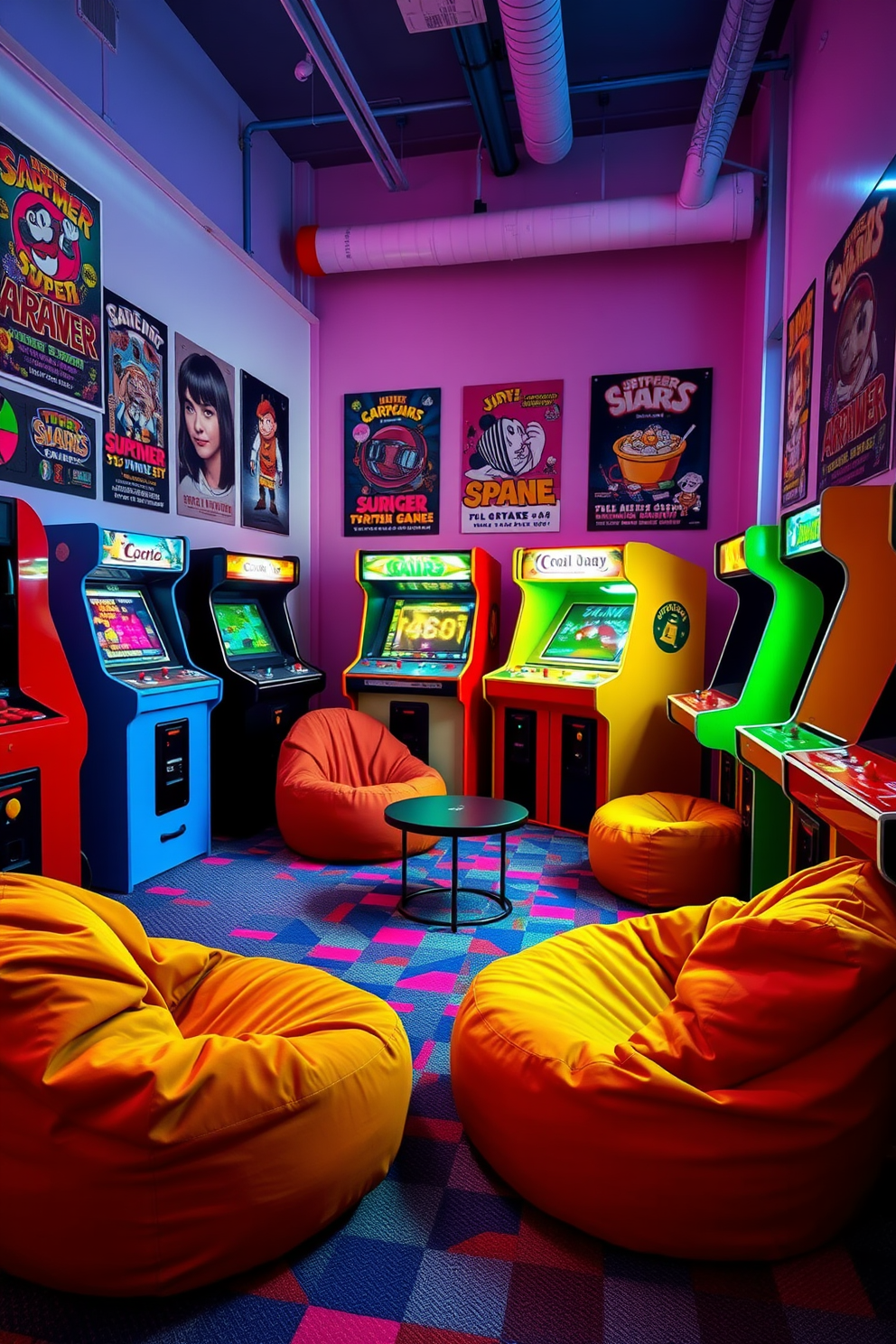 A vibrant retro arcade game corner filled with classic arcade machines in bright colors. The walls are adorned with vintage posters of iconic games, and a cozy seating area features bean bags and a small coffee table. The floor is covered with a colorful carpet that echoes the pixelated designs of retro games. Soft neon lighting creates an inviting atmosphere, highlighting the nostalgic charm of the space.