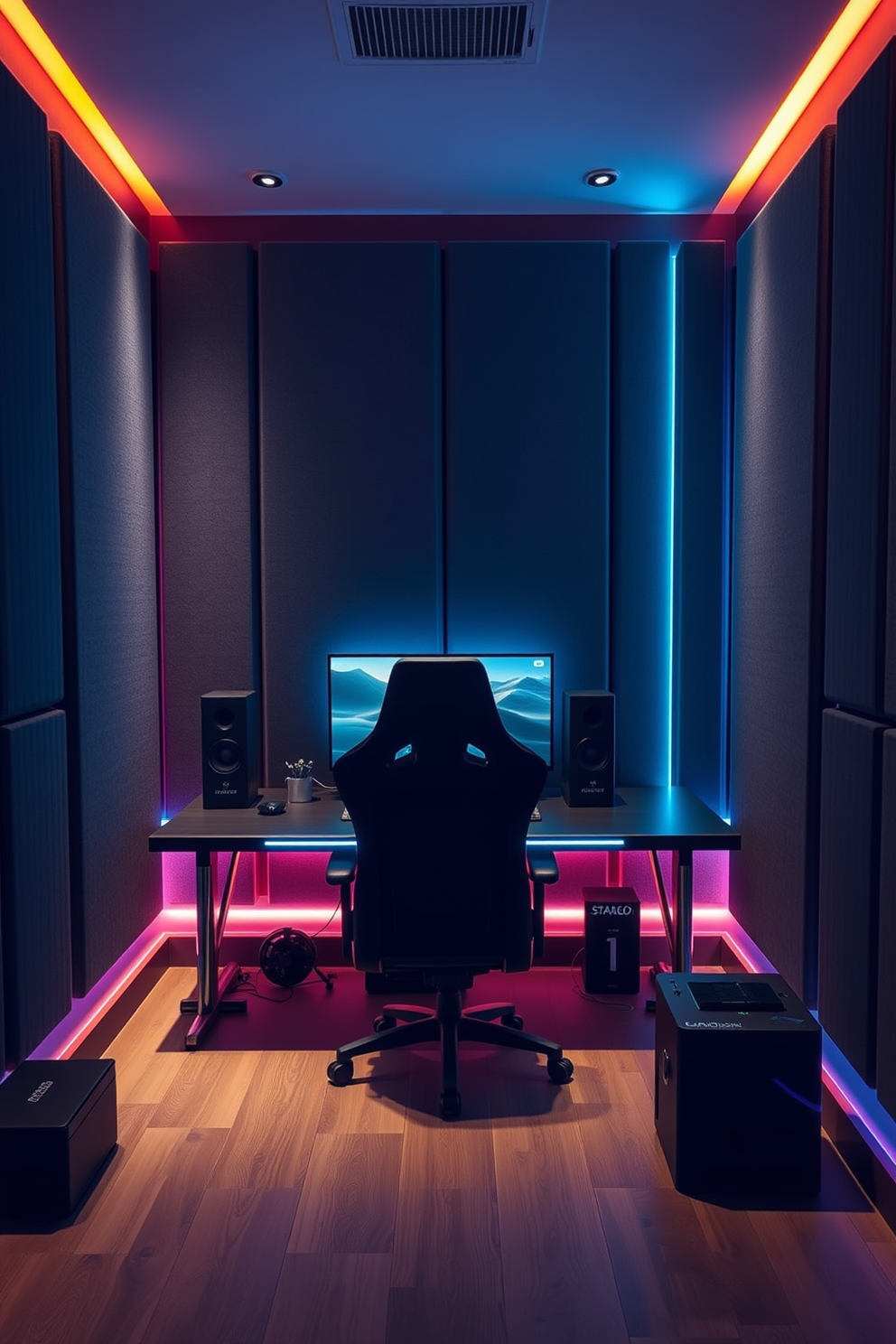 A modern computer game room featuring soundproofing panels on the walls to ensure a quiet environment. The room is equipped with a sleek gaming desk, a high-end gaming chair, and ambient LED lighting that enhances the immersive experience.