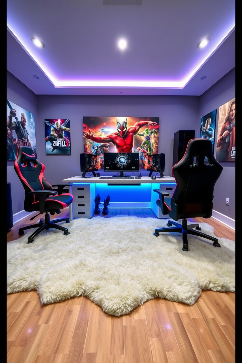 A custom gaming desk with integrated cable management sits at the center of the room. Surrounding the desk are ergonomic gaming chairs and ambient LED lighting that enhances the gaming atmosphere. The walls are adorned with posters of popular video games, creating an immersive environment. A plush area rug lies beneath the desk, providing comfort and style to the overall design.