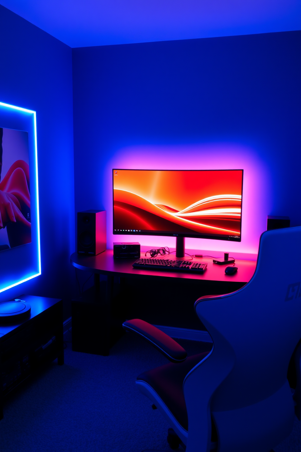 A modern computer game room featuring LED strip lights behind the monitor creating a vibrant atmosphere. The walls are painted in a deep blue hue, and the furniture includes a sleek gaming desk and an ergonomic chair for comfort.