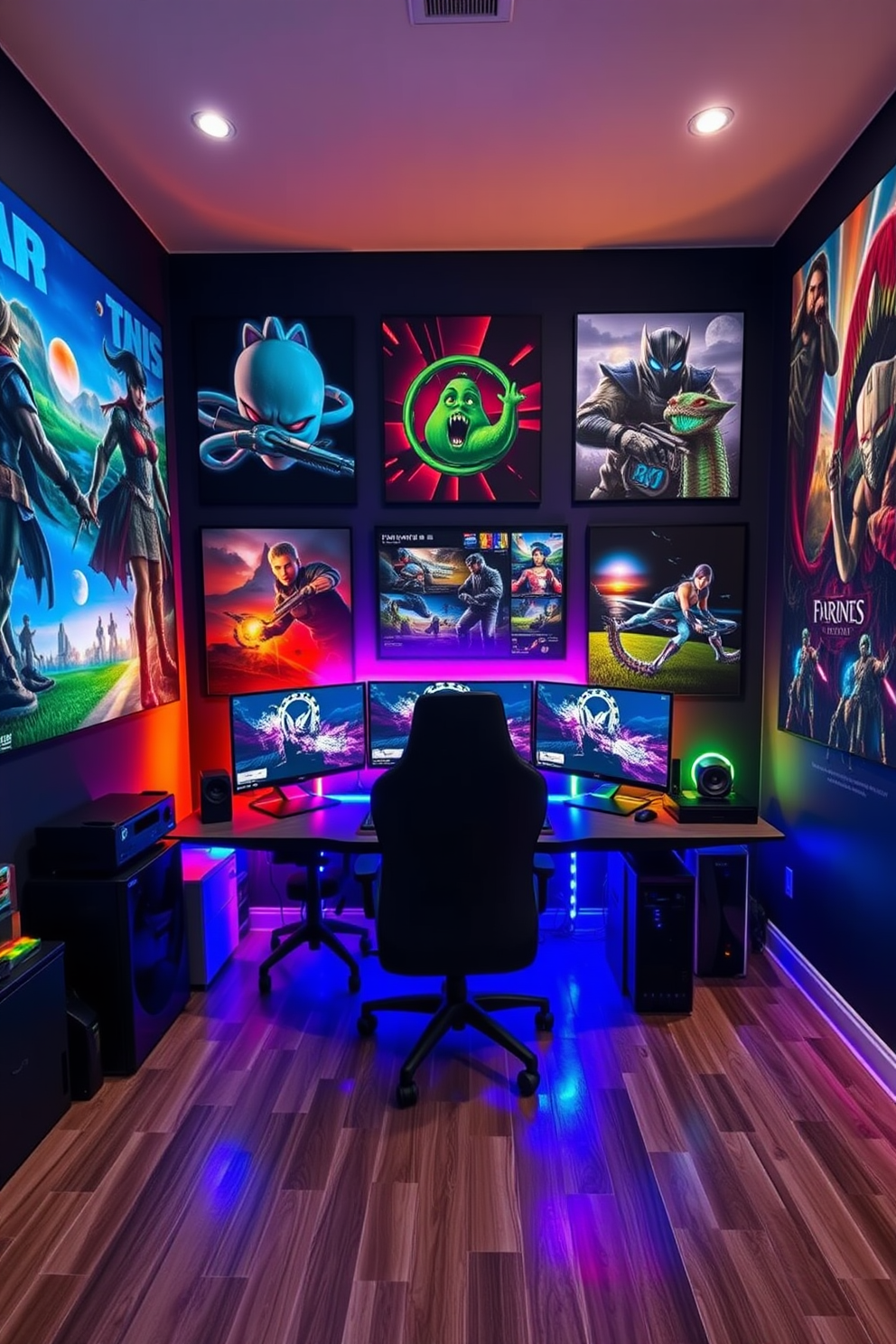 A vibrant computer game room filled with themed decor inspired by favorite video games. The walls are adorned with large posters and artwork depicting iconic game characters and landscapes, creating an immersive atmosphere. In the center, a sleek gaming desk holds multiple monitors and high-end gaming equipment, complemented by an ergonomic chair. Colorful LED strip lights illuminate the space, enhancing the excitement and energy of the room.