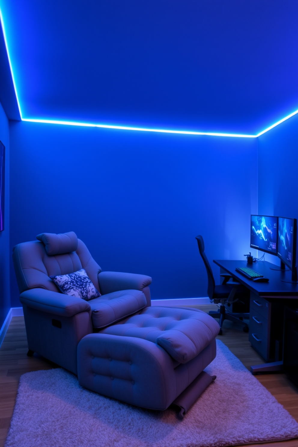 A cozy gaming room features a plush recliner designed for long hours of play. The walls are painted in a deep blue hue, and LED strip lights add a modern touch around the ceiling edges. A sleek gaming desk holds multiple monitors and a high-performance gaming keyboard. The floor is covered with a soft area rug that enhances comfort while providing a stylish contrast to the room's decor.