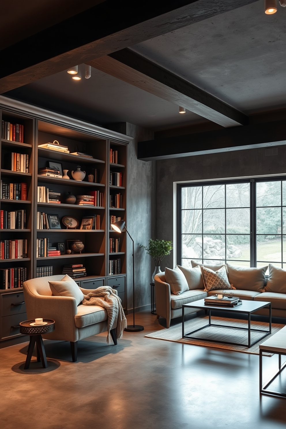 Cozy reading nook with built-in shelves. A plush armchair is positioned next to a large window, with soft throw pillows and a warm blanket draped over it. The built-in shelves are filled with books and decorative items, creating an inviting atmosphere. A small side table holds a steaming mug of tea and a reading lamp with a warm glow. Concrete basement design ideas. The space features polished concrete floors and exposed ceiling beams, giving it an industrial yet modern feel. Large windows allow natural light to filter in, brightening the otherwise subterranean area. A sectional sofa and a sleek coffee table create a comfortable lounge area, perfect for entertaining or relaxing.