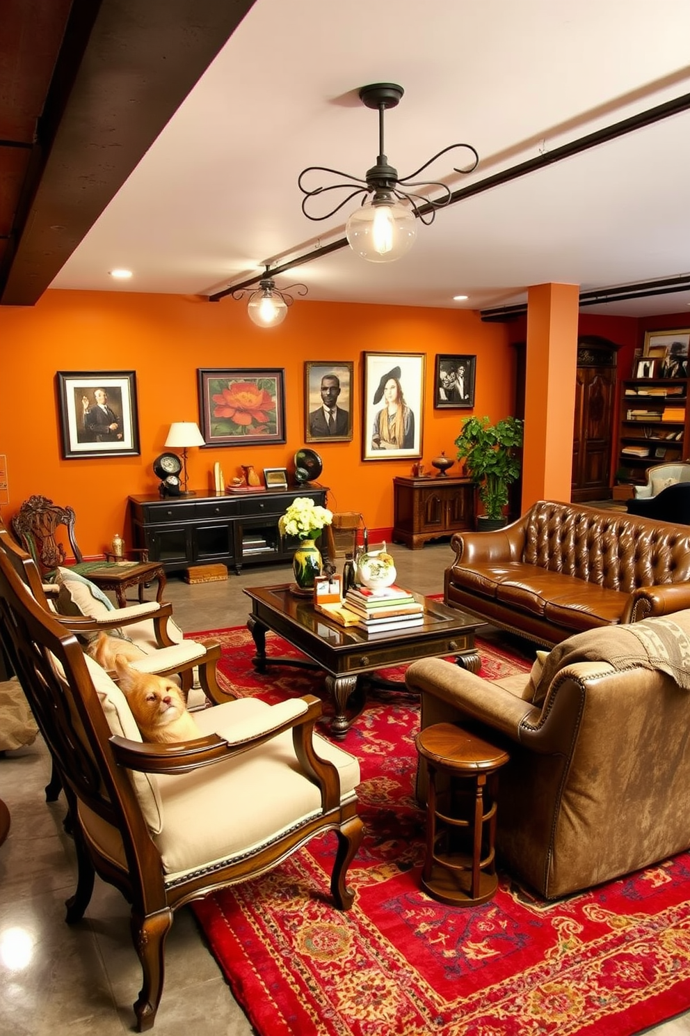 Vintage furniture for eclectic charm. A mix of ornate wooden chairs and a distressed leather sofa creates a cozy seating area. An antique coffee table sits at the center, adorned with eclectic decor items and books. The walls are painted in warm tones, and a vibrant area rug ties the space together. Concrete basement design ideas. The basement features polished concrete floors that reflect light, creating an airy feel. Industrial-style lighting fixtures hang from the ceiling, while a comfortable lounge area with modern furniture invites relaxation.