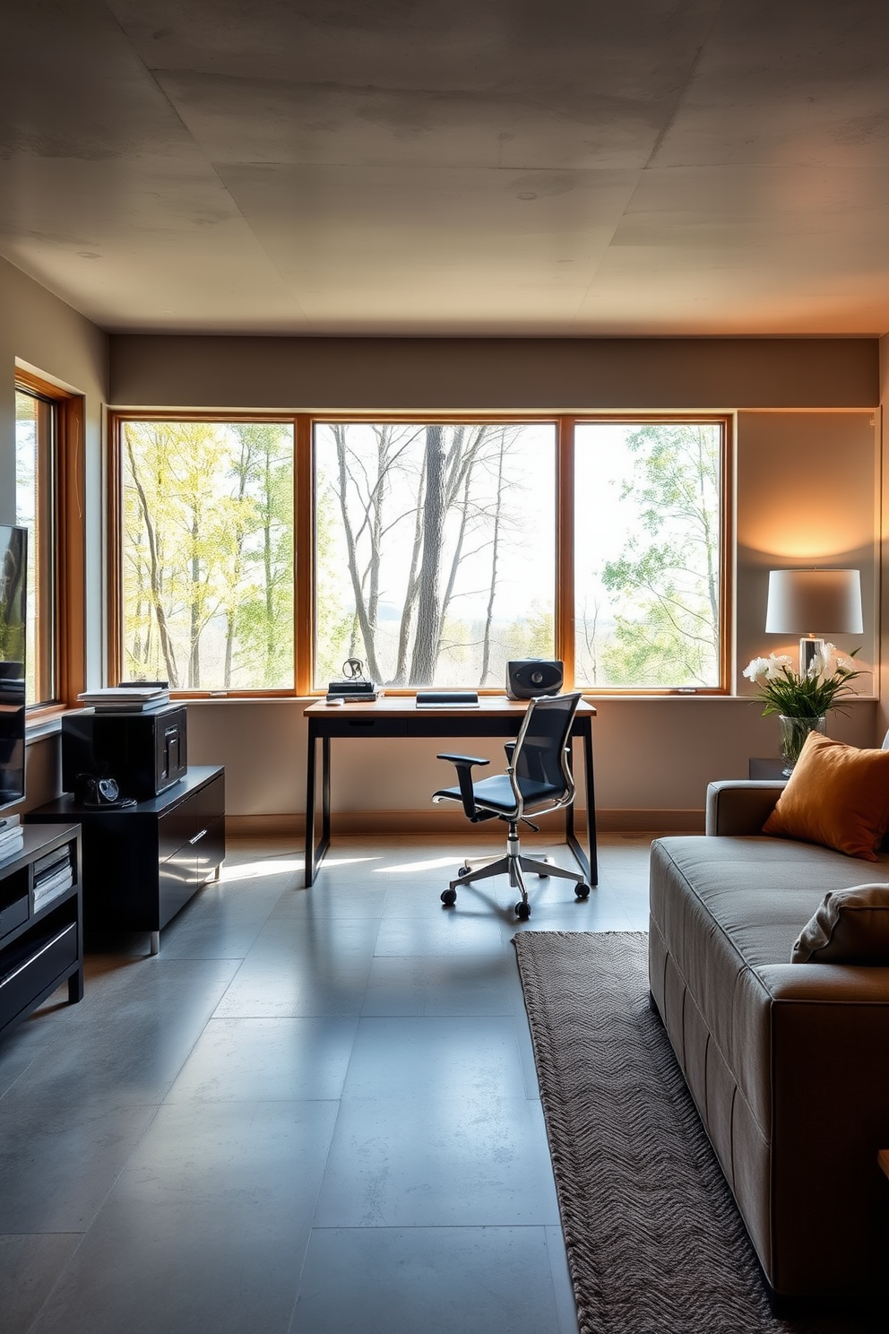 Home office with large windows allowing natural light to flood the space. The room features a sleek wooden desk positioned to maximize the view, complemented by a stylish ergonomic chair. Concrete basement design ideas that create a modern and inviting atmosphere. Incorporate warm lighting and comfortable seating to transform the space into a cozy retreat.