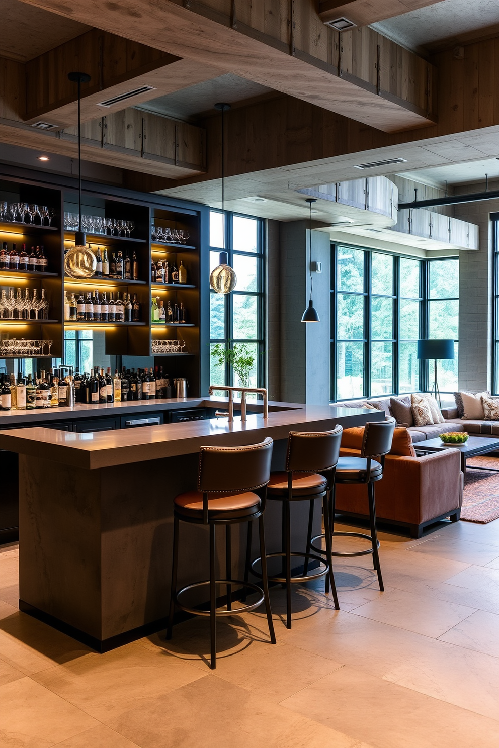 A sleek wet bar features a polished concrete countertop and stylish bar stools with leather upholstery. Behind the bar, open shelving displays an array of glassware and premium spirits, illuminated by soft pendant lighting. The concrete basement is designed with a modern aesthetic, showcasing exposed beams and large windows that allow natural light to flood the space. Cozy seating areas are arranged with plush sofas and a contemporary coffee table, creating an inviting atmosphere for relaxation and entertainment.