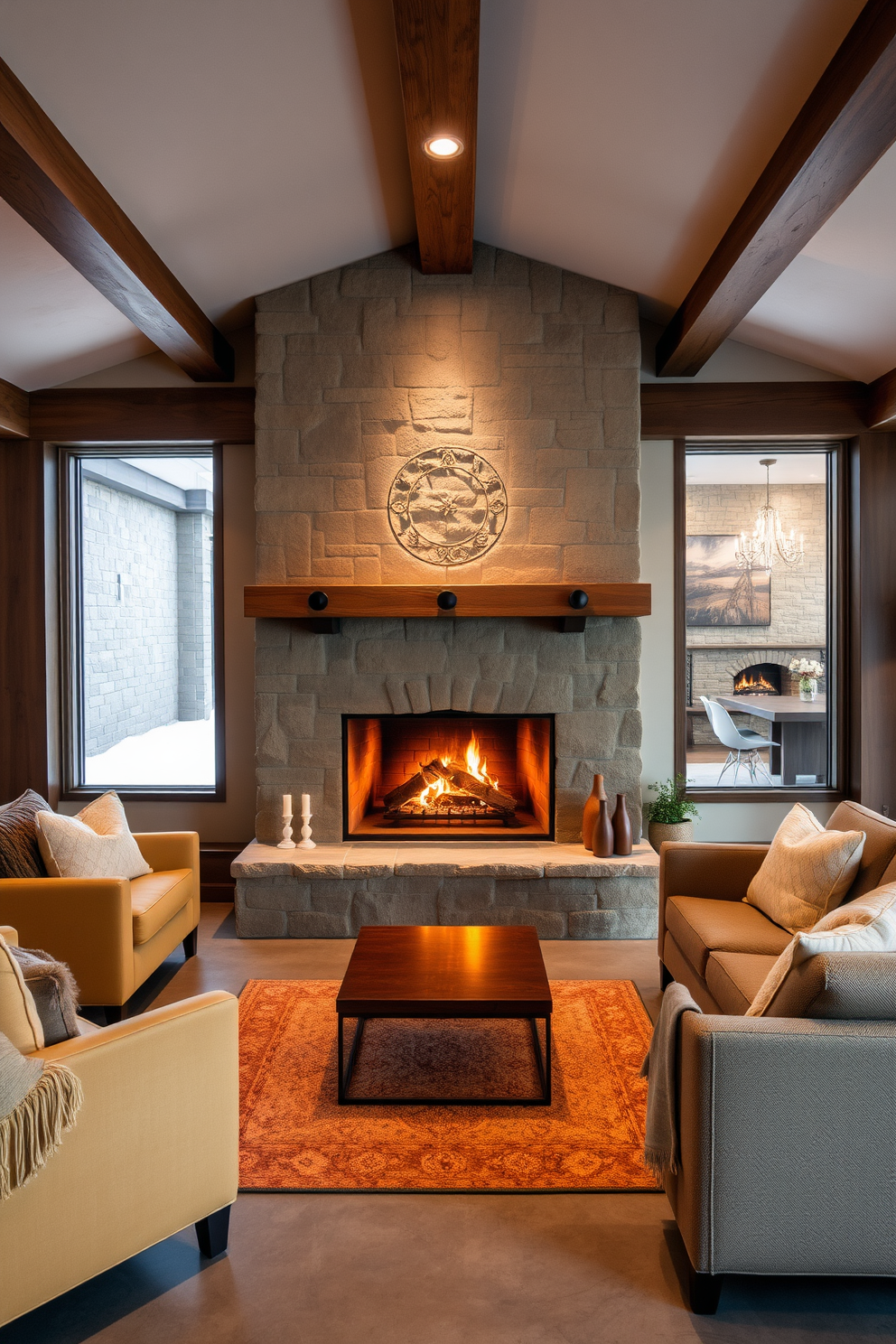 Cozy fireplace for winter warmth. A large stone fireplace serves as the focal point of the room, surrounded by plush seating in warm, earthy tones. Concrete basement design ideas. The basement features polished concrete floors and exposed beams, creating a modern yet inviting atmosphere with comfortable lounge furniture and ambient lighting.