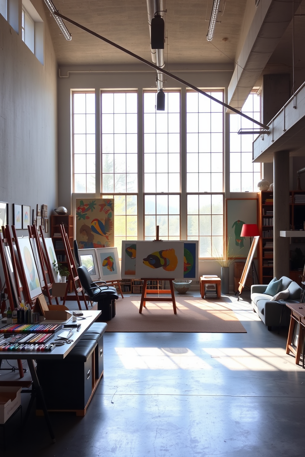 Art studio with ample natural light featuring large windows that allow sunlight to pour in. The space is filled with easels, vibrant paint supplies, and a large work table surrounded by colorful artwork. Concrete basement design ideas showcasing a modern aesthetic with polished concrete floors and exposed beams. The area is furnished with comfortable seating, ambient lighting, and functional storage solutions for a stylish yet practical living space.