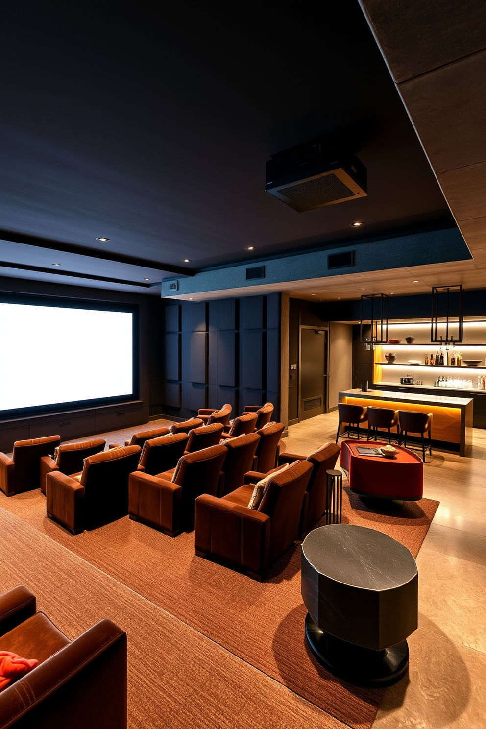 A luxurious theater room featuring plush velvet seating arranged in a semi-circle facing a large screen. The walls are adorned with dark acoustic panels, and soft ambient lighting creates an inviting atmosphere. A modern concrete basement designed for entertainment with polished concrete floors and exposed beams. Stylish lounge areas with contemporary furniture and a bar counter enhance the space's functionality and aesthetic appeal.