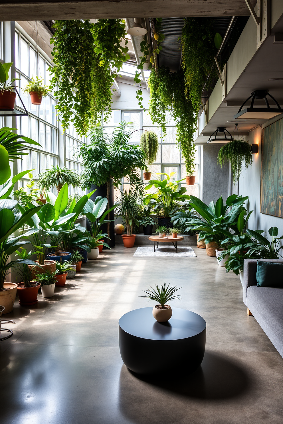 An indoor garden filled with a variety of potted plants creates a serene and vibrant atmosphere. The space is illuminated by natural light streaming in through large windows, enhancing the lush greenery. The concrete basement features a modern design with polished floors and exposed beams. Soft ambient lighting highlights the sleek lines of the furniture and the unique artwork displayed on the walls.