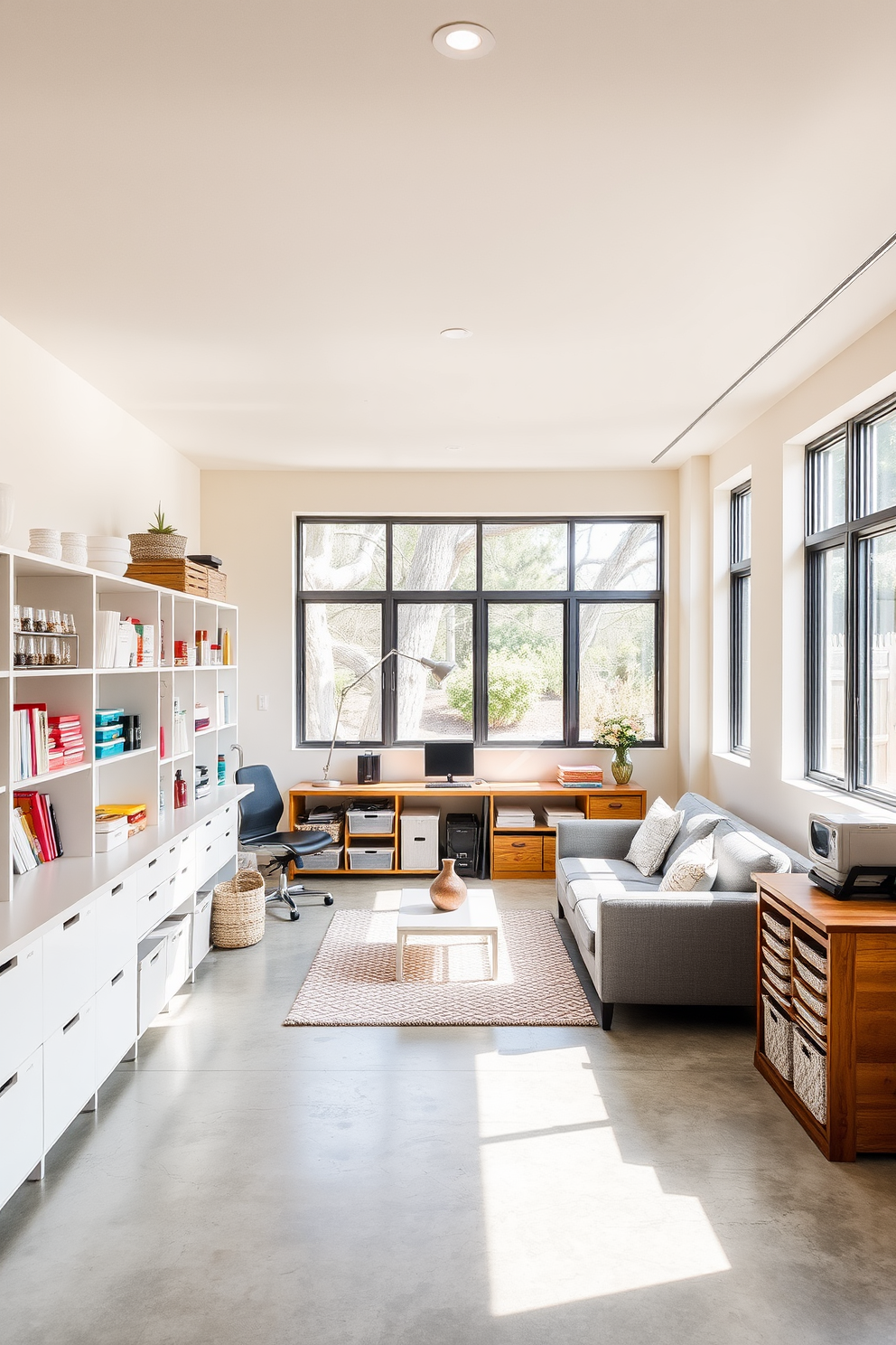 A bright and inviting craft room filled with natural light. The walls are painted in a soft pastel color, and organized storage solutions line the shelves, showcasing neatly arranged supplies and materials. A modern concrete basement designed for functionality and style. The space features polished concrete floors, minimalist furniture, and large windows that allow light to flood in, creating a comfortable and versatile area for relaxation or entertainment.